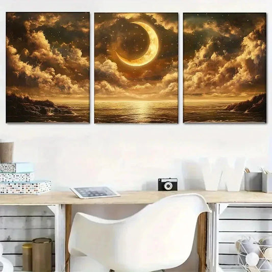 3pcs Golden Moon & Stars Reflecting on Stormy Sea Metal Print Ready to Hang Art