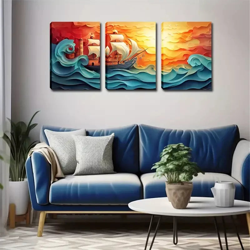3pcs Decorations, Waves And Sailboats Wall Art Set Canvas Framed 40x60cm - High Quality Print 100% Australian Made Wall Canvas Ready to Hang
