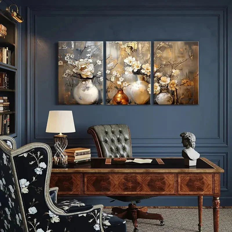 3pcs Elegant Floral with Golden Vases Metal Print Ready to Hang Art