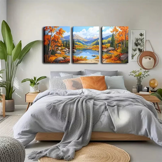 3pcs Mountains And Lakes In Autumn Wall Art Set Canvas Framed 40x60cm - High Quality Print 100% Australian Made Wall Canvas Ready to Hang