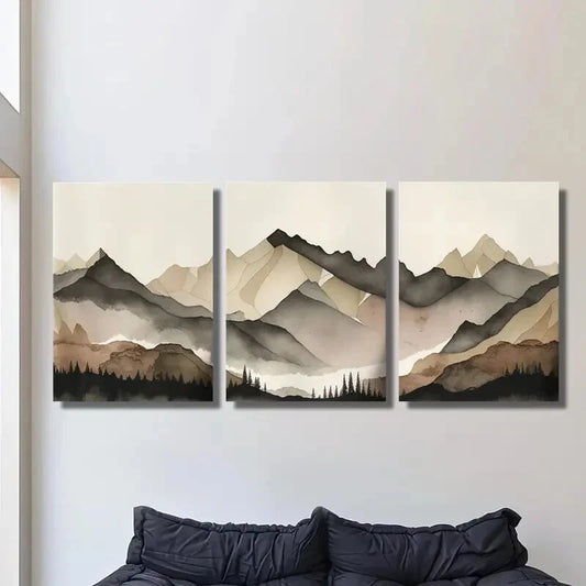 3pcs Foggy Peaks & Pine Forests, Metal Print Ready to Hang Art