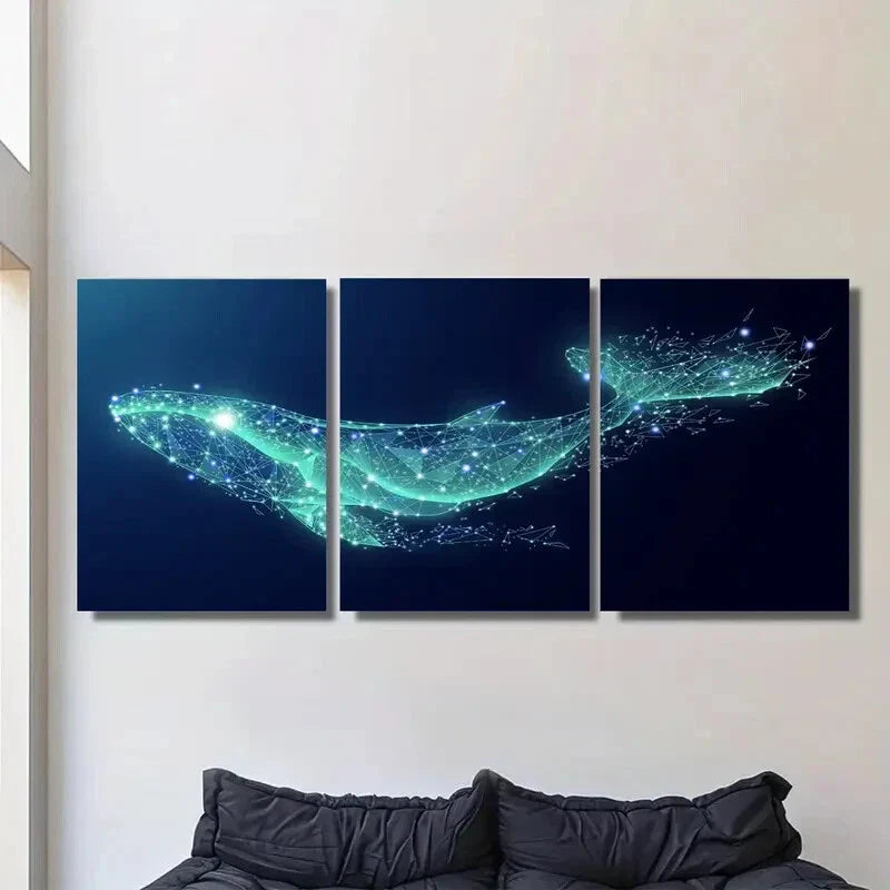 3pcs Glowing Whale with Sparkling Stars & Cosmic Metal Print Ready to Hang Art
