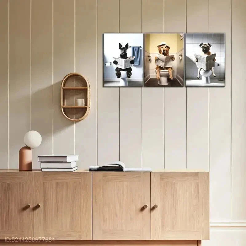 3pcs Puppy Sitting on Toilet and Reading a Book Metal Print Ready to Hang Art