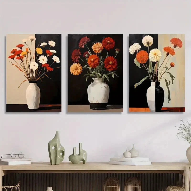 3pcs Vase, plants and flowers, modern Metal Print Ready to Hang Art