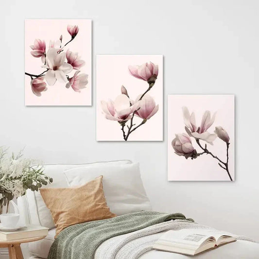 3pcs Pink Magnolia Flowers Design Metal Print Ready to Hang Art