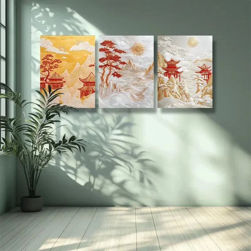 3pcs Chinese Traditional Pavilion Wall Art Set Canvas Framed 40x60cm -High Quality Print 100% Australian Made Wall Canvas Ready to Hang