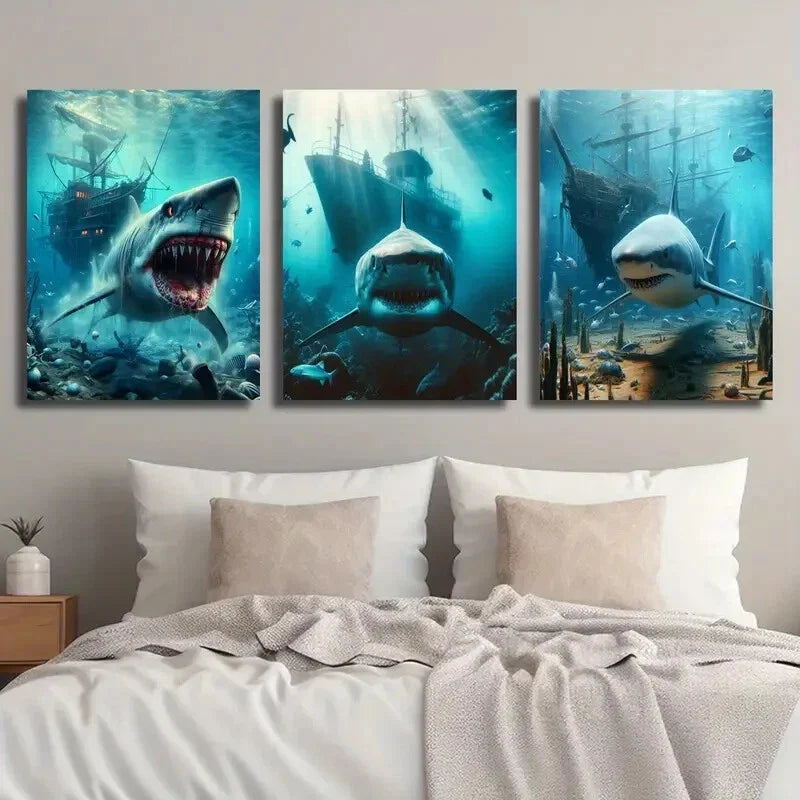 3pcs Underwater Pirate Ship & Predator Metal Print Ready to Hang Art