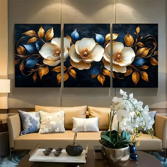 3pcs Luxury White flowers with Golden Leaves Metal Print Ready to Hang Art