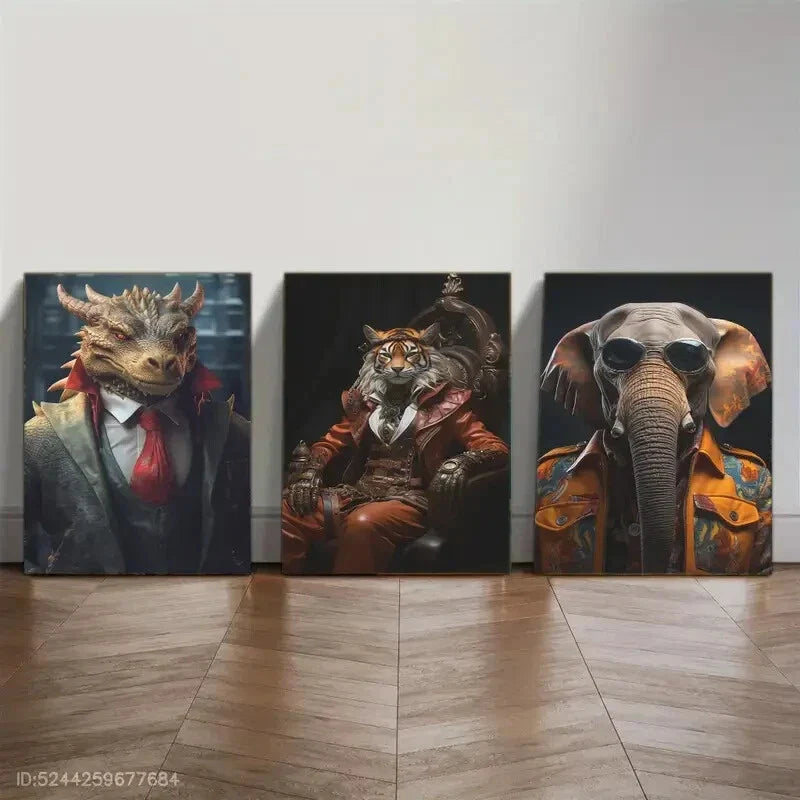 3pcs Modern Dragon Tiger & Elephant Portraits Metal Print Ready to Hang Art