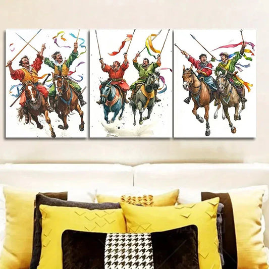 3pcs Dynamic Horseback Warrior Scene Wall Art Set Canvas Framed 40x60cm - High Quality Print 100% Australian Made Wall Canvas Ready to Hang