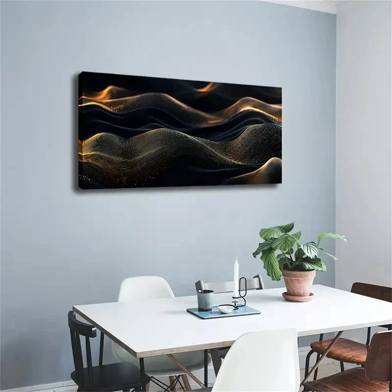 Black & Golden Wave Lines Wall Art Canvas Office Home Room Framed 120x60cm