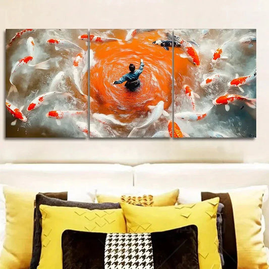 3pcs Fisherman, Koi Painting Wall Art Set Canvas Framed 40x60cm - High Quality Print 100% Australian Made Wall Canvas Ready to Hang