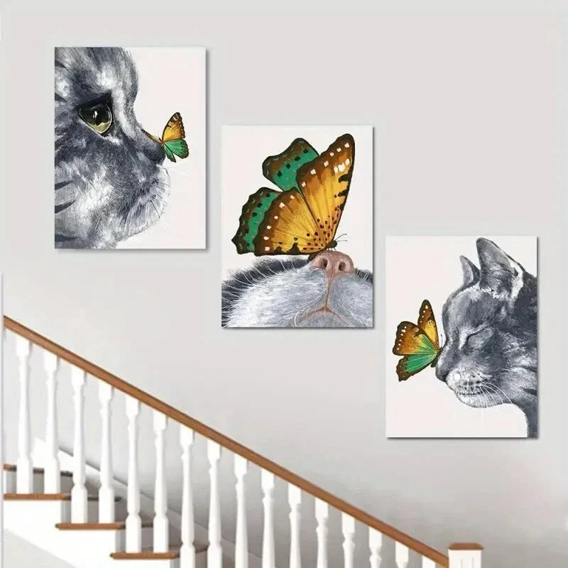 3pcs Abstract Cat & Butterfly Paintings Metal Print Ready to Hang Art