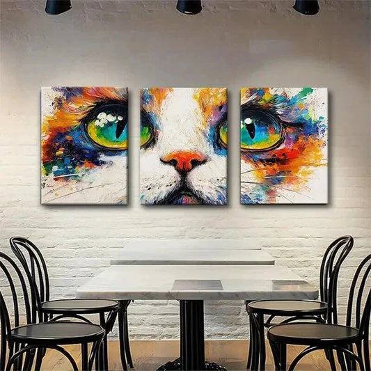 3pcs Colorful Cat Vibrant Abstract Perfect Wall Art Set Canvas Framed 40x60cm - High Quality Print 100% Australian Made Wall Canvas Ready to Hang