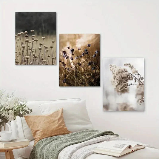 3pcs Minimalist Beige Flower Field Design Metal Print Ready to Hang Art