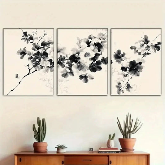 3pcs Asian-Inspired Ink-Wash Floral Canvas Metal Print Ready to Hang Art
