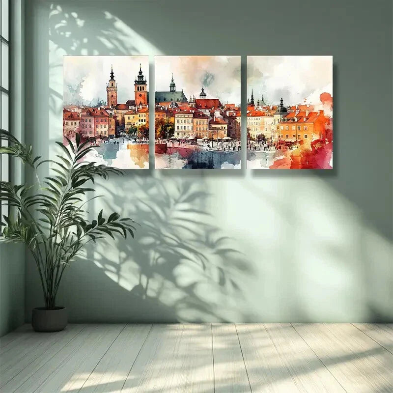 3pcs Watercolor Painting of Warsaw, Poland Metal Print Ready to Hang Art