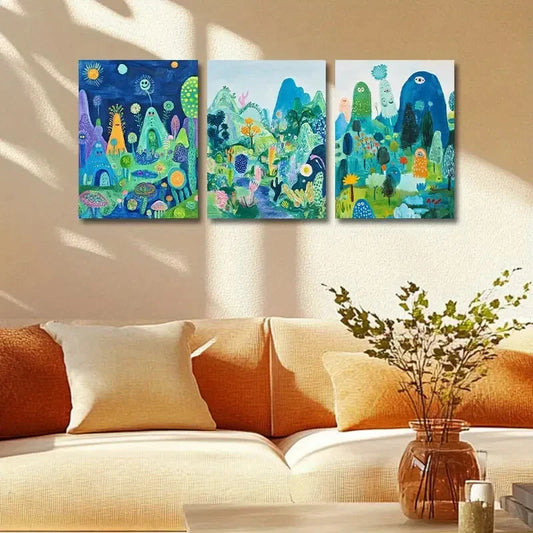 3pcs Whimsical Nature Scenes with Mushrooms Metal Print Ready to Hang Art
