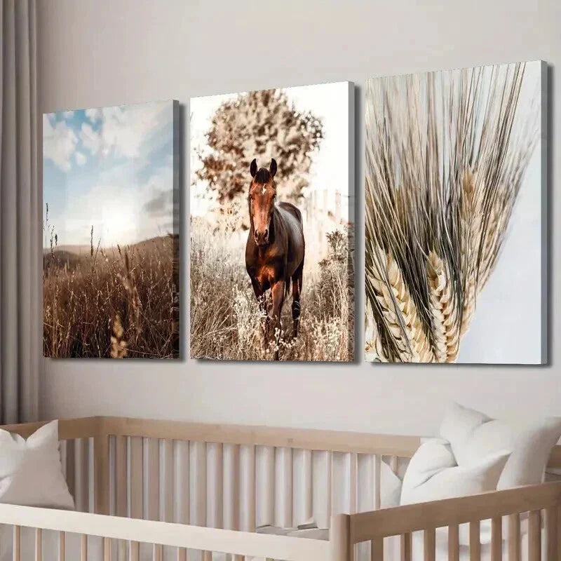 3pcs Brown Horse Western Bohemian Decor Wall Art Set Canvas Framed 40x60cm - High Quality Print 100% Australian Made Wall Canvas Ready to Hang