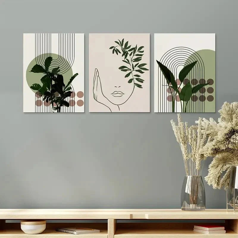 3pcs Green Plant & Abstract Design Metal Print Ready to Hang Art