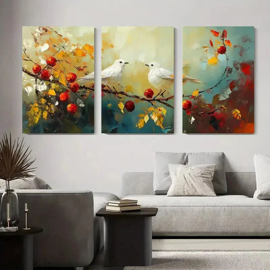 3pcs Abstract Bird and Apple Blossom Metal Print Ready to Hang Art