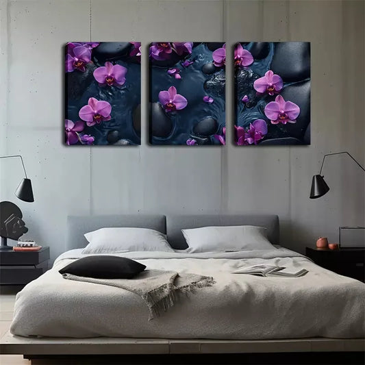 3pcs Black Pebbles & Purple Orchids Triptych Wall Art Set Canvas Framed 40x60cm - High Quality Print 100% Australian Made Wall Canvas Ready to Hang