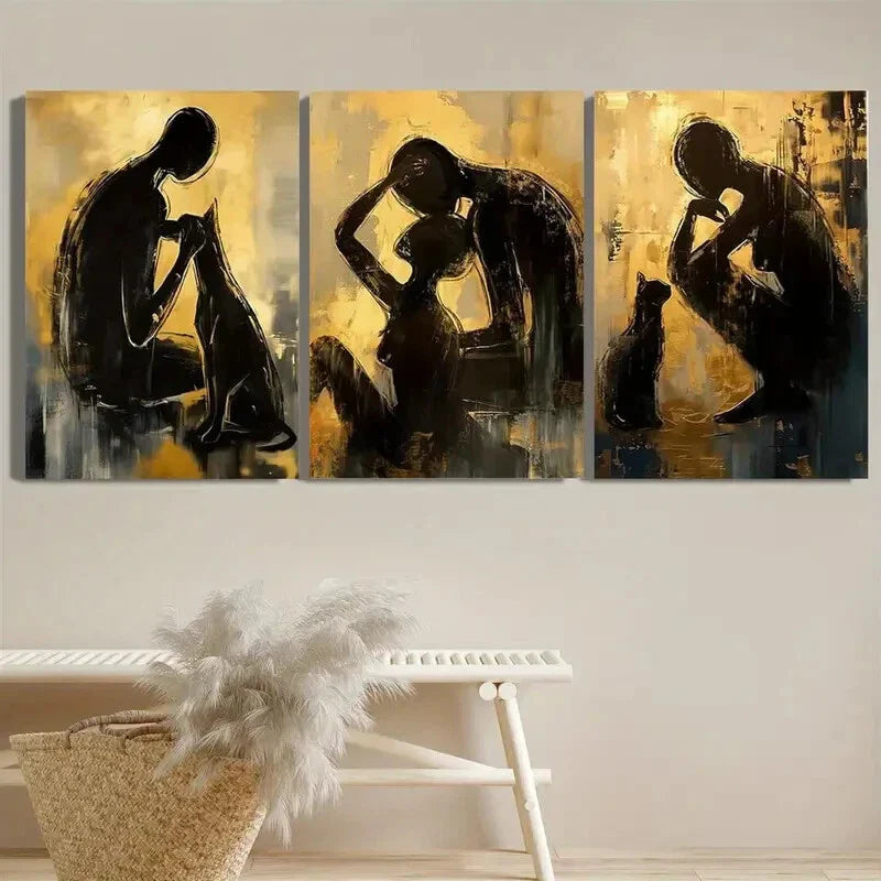 3pcs Figures & Animals Under Yellow Light Modern Metal Print Ready to Hang Art