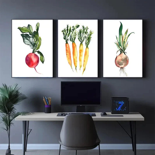 3pcs Vegetable Radish Carrots & Beetroot Metal Print Ready to Hang Art