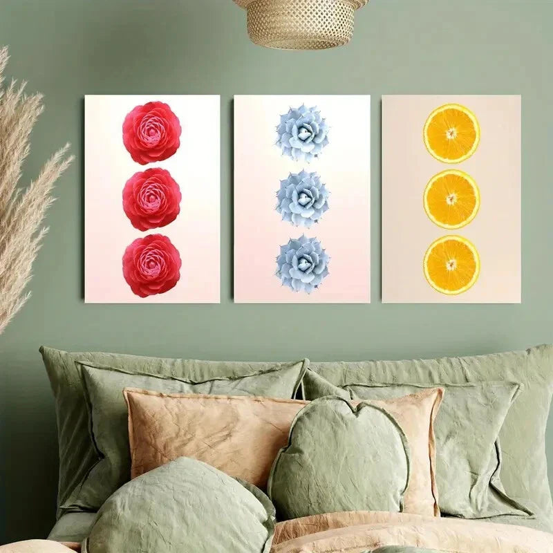 3pcs Orange Series, Three Pink Flowers Metal Print Ready to Hang Art