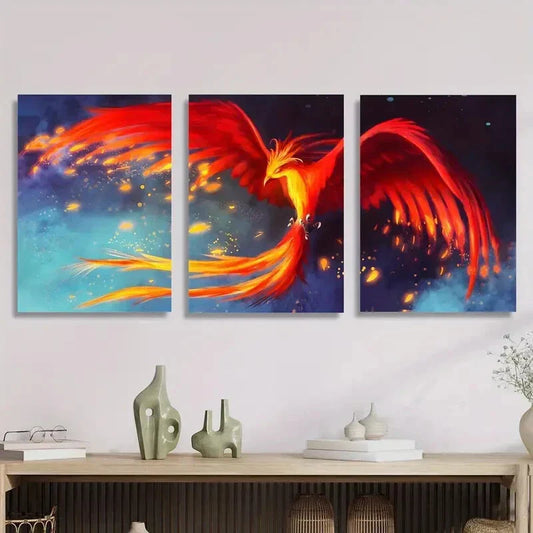 3pcs The Red And Orange Phoenix Isreborn Metal Print Ready to Hang Art