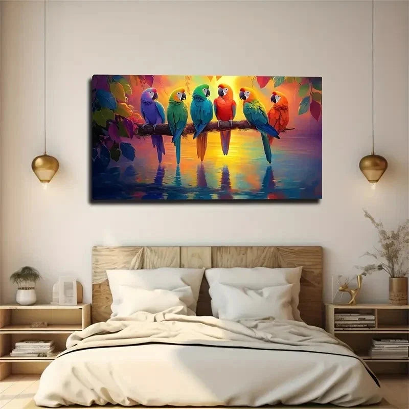 Textured Six Parrots Colourful Wall Art Canvas Office Home Room Framed 80x45cm