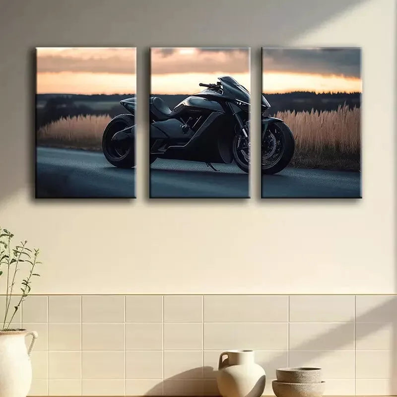 3pcs Sleek Black Motorcycle Canvas Framed 40x60cm - High Quality Print 100% Australian Made Wall Canvas Ready to Hang