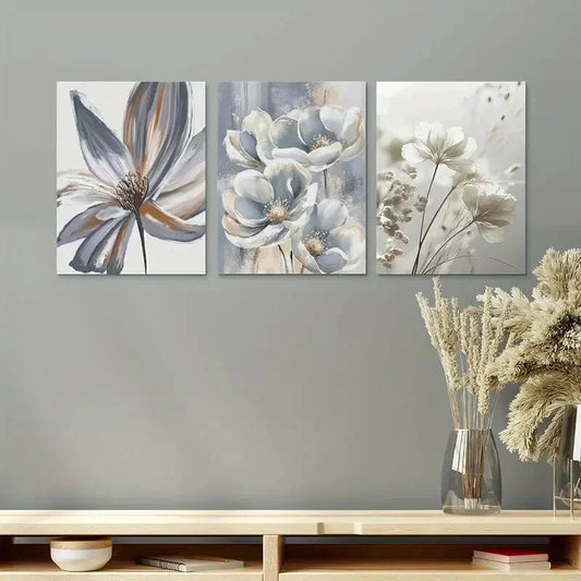 3pcs Minimalist Elegant White Flowers Design Metal Print Ready to Hang Art