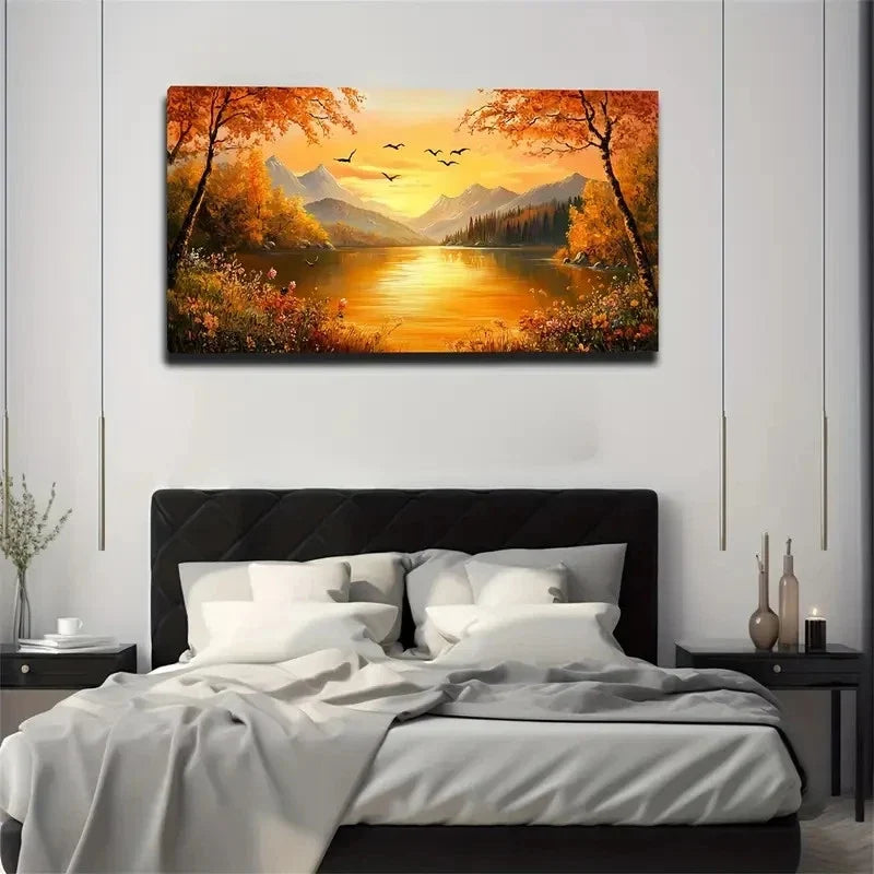 Sunset Over Lake With Mountains Wall Art Canvas Office Home Room Framed 80x45cm