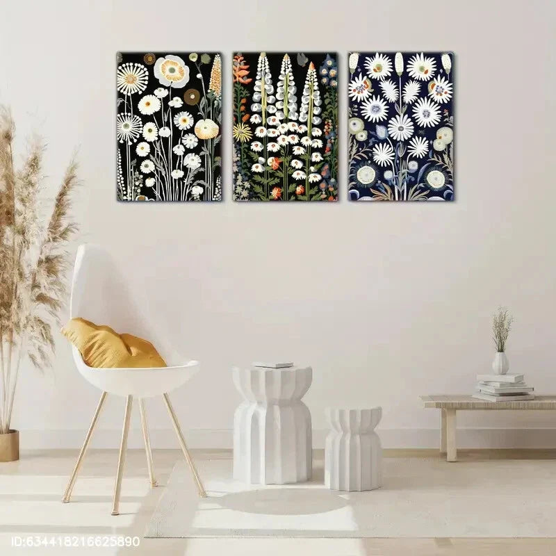 3pcs Navy Blue and White Wildflowers Painting Metal Print Ready to Hang Art
