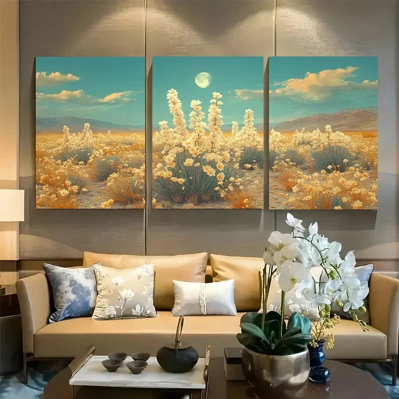 3pcs White Yucca Flowers Moon Over Desert Metal Print Ready to Hang Art