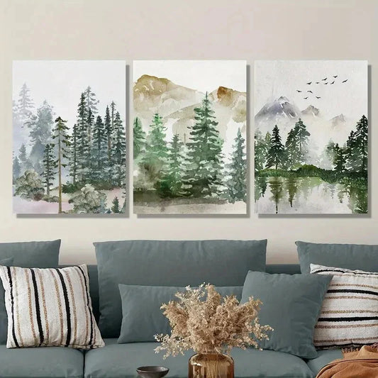 3pcs Sage green forest mountain landscape Metal Print Ready to Hang Art