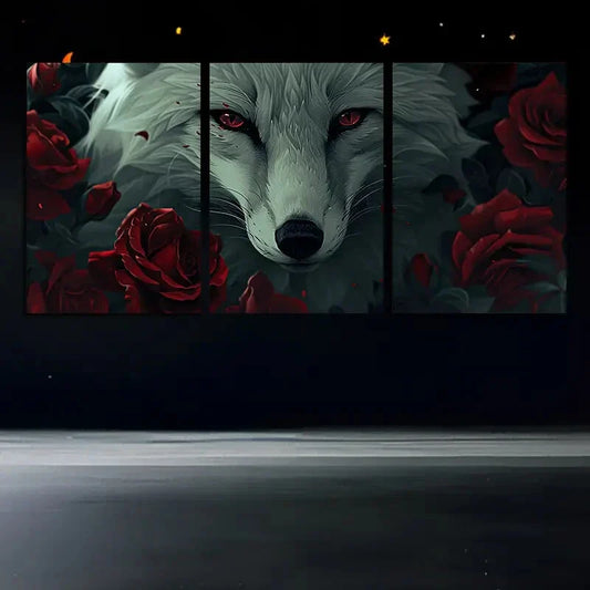 3pcs White Fox Roses Stunning Red Eyes Metal Print Ready to Hang Art