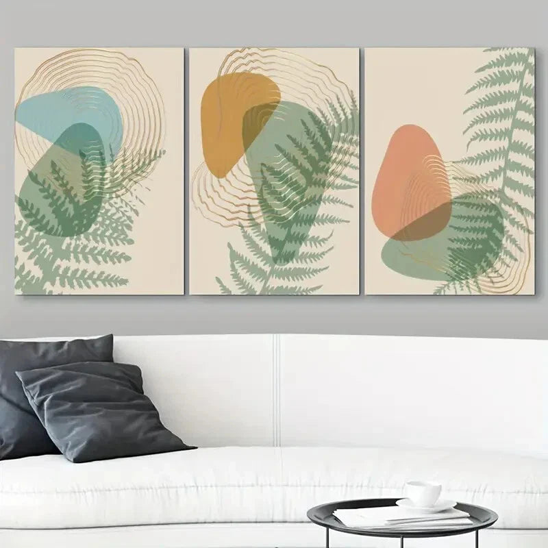 3pcs Abstract Botanical Green Leaves Orange Metal Print Ready to Hang Art