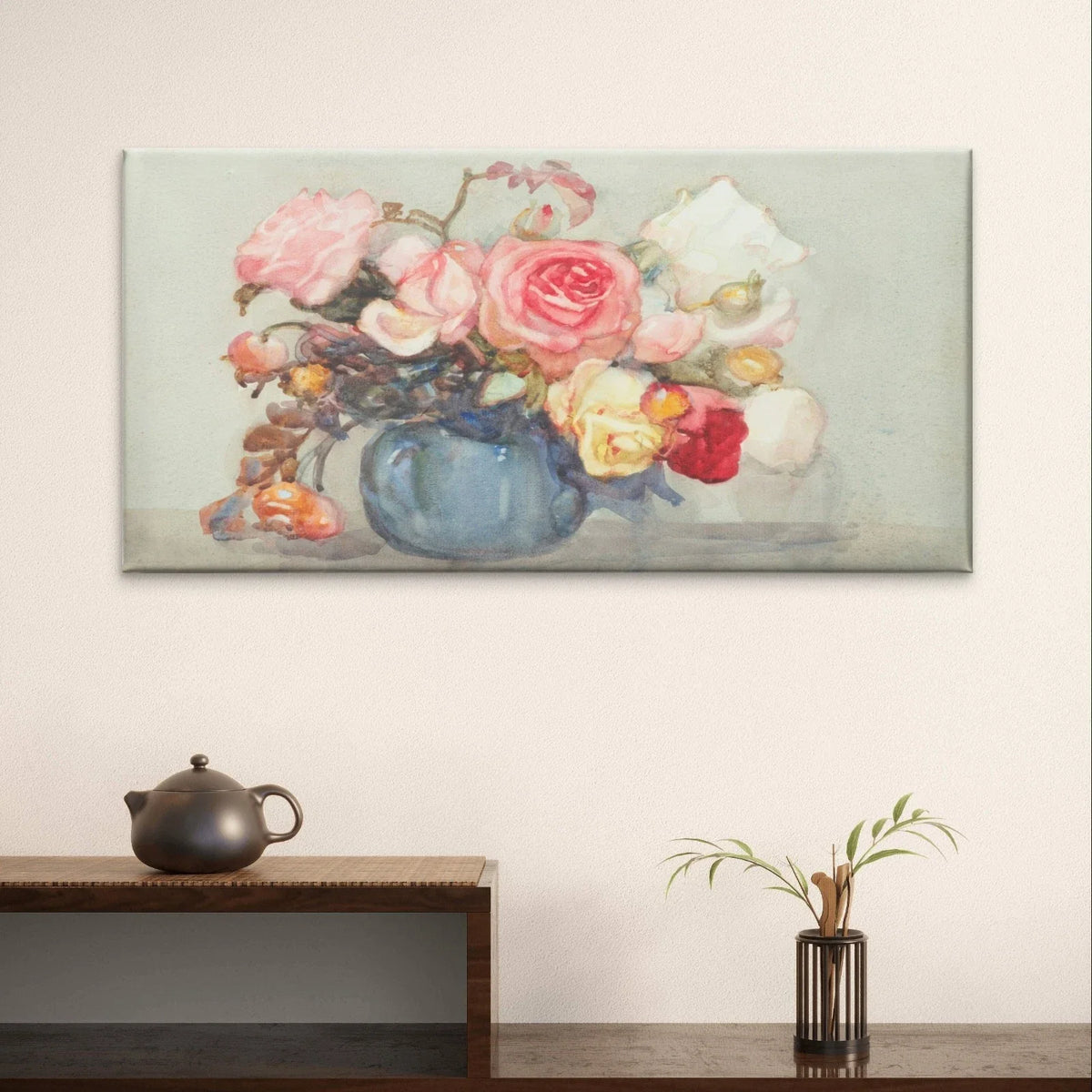 Vintage Watercolour Roses Pastel Wall Art Canvas Office Home Framed 120x60cm