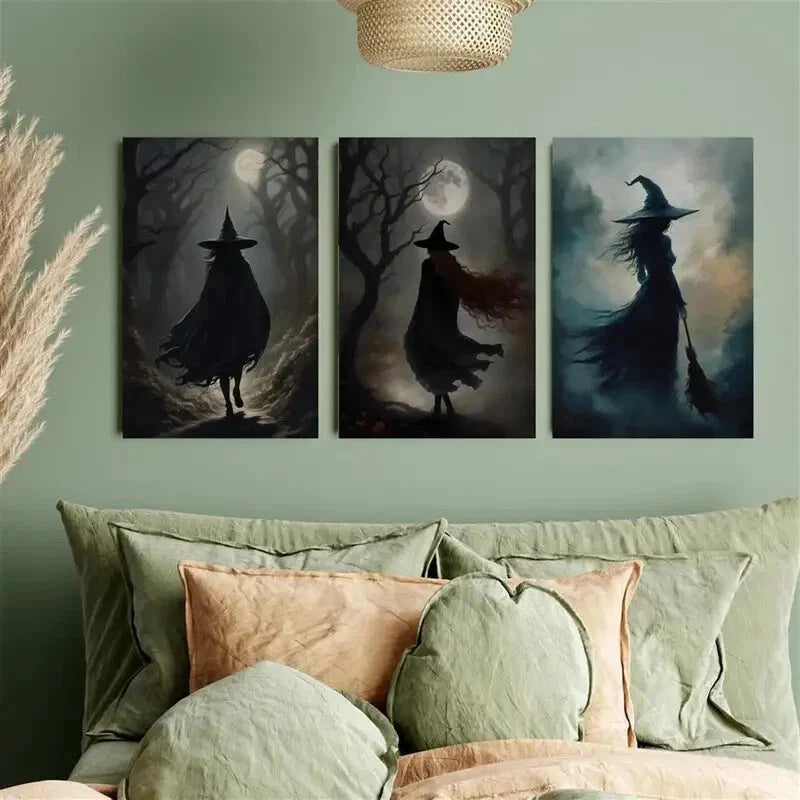 3pcs Witch Under Full Moon Metal Print Ready to Hang Art