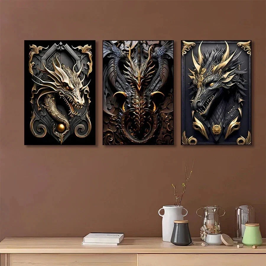 3pcs Abstract Black And Gold Dragons Metal Print Ready to Hang Art