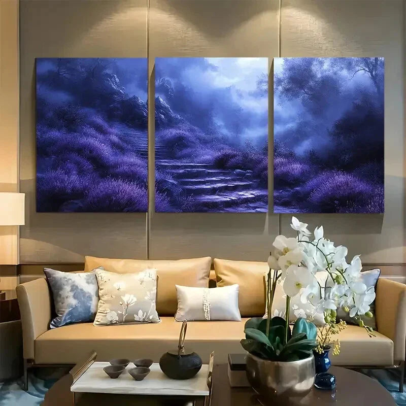 3pcs Lavender Lined Stairs Leading to The Forest Metal Print Ready to Hang Art