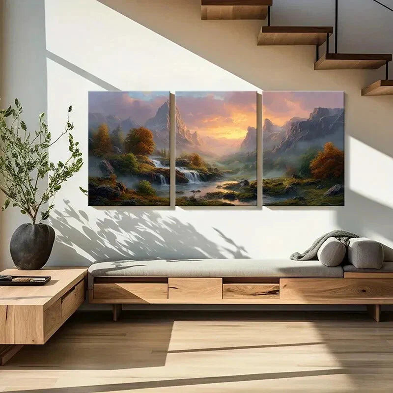 3pcs Autumn Trees Waterfall Sunset Glow Metal Print Ready to Hang Art