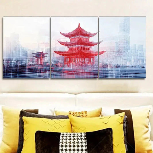 3pcs Chinese-style tower Traditional Wall Art Set Canvas Framed 40x60cm - High Quality Print 100% Australian Made Wall Canvas Ready to Hang