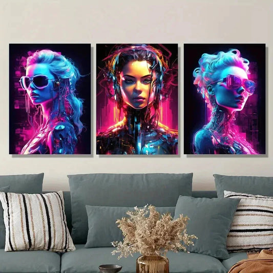 3pcs colorful female humanoid robot portrait Metal Print Ready to Hang Art