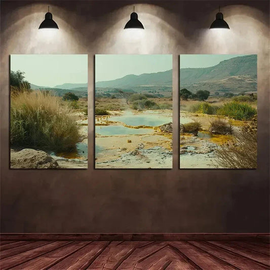 3pcs Mountain Green Grasses Stones Metal Print Ready to Hang Art