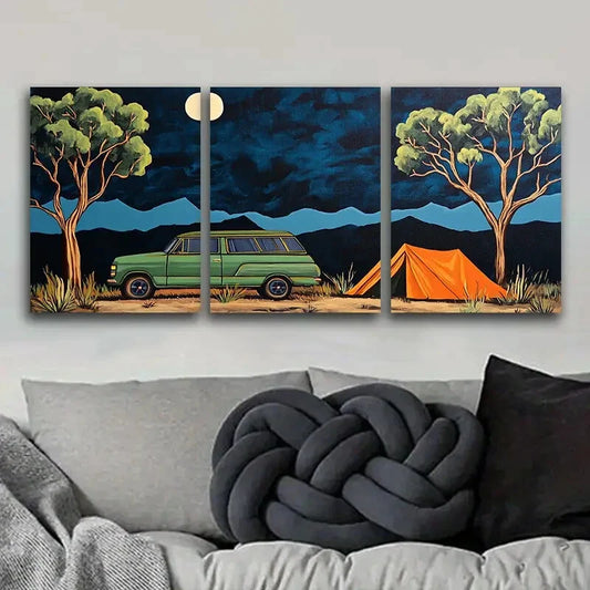3pcs Green Station Wagon Art Painting Metal Print Ready to Hang Art