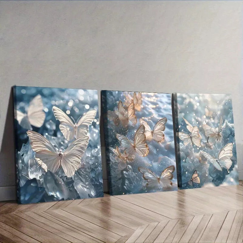 3pcs Glittering Butterflies Over Water Wall Art Set Canvas Framed 40x60cm - High Quality Print 100% Australian Made Wall Canvas Ready to Hang