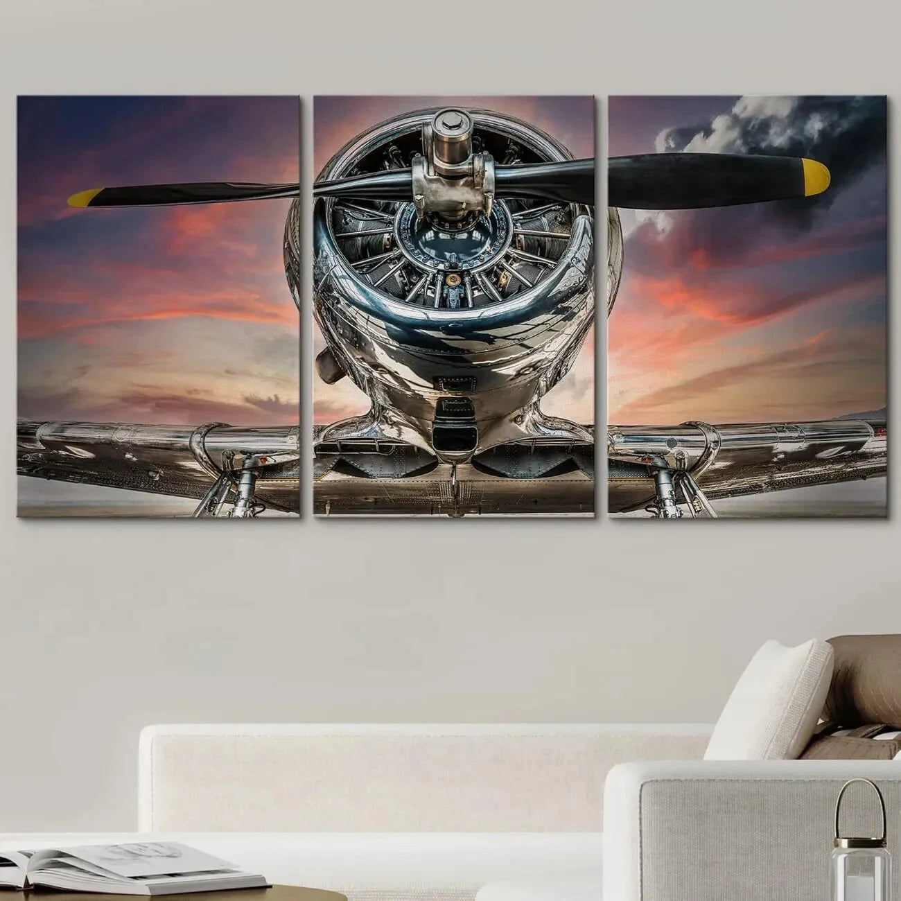 3pcs Sunset Skyline Airplane Propeller Vehicles Metal Print Ready to Hang Art